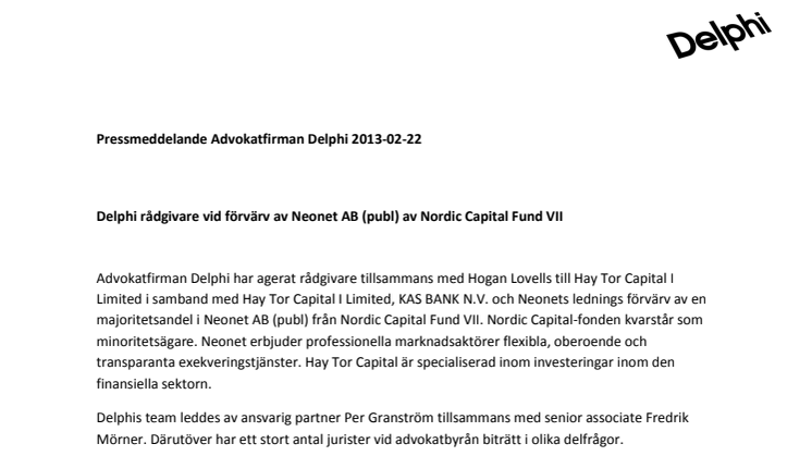Delphi rådgivare vid förvärv av Neonet AB (publ) av Nordic Capital Fund VII