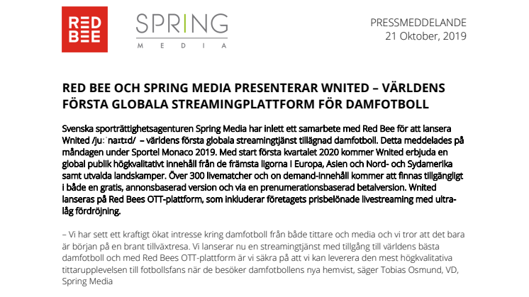 Red Bee och Spring Media Presenterar Wnited – Världens Första Globala Streamingplattform För Damfotboll