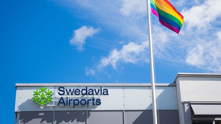 Prideflaggan bredvid Swedaviaskylt på fasad. Foto: Swedavia.