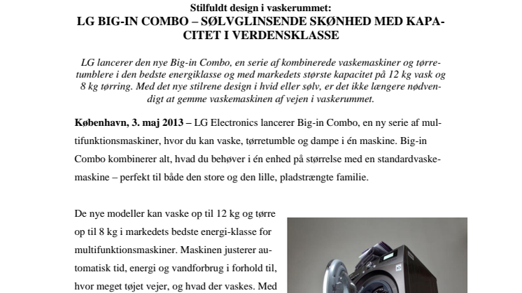 Stilfuldt design i vaskerummet: LG BIG-IN COMBO – SØLVGLINSENDE SKØNHED MED KAPACITET I VERDENSKLASSE