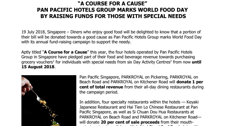 “A Course for a Cause”  Pan Pacific Hotels Group Marks World Food Day  By Raising Funds for Those with Special Needs