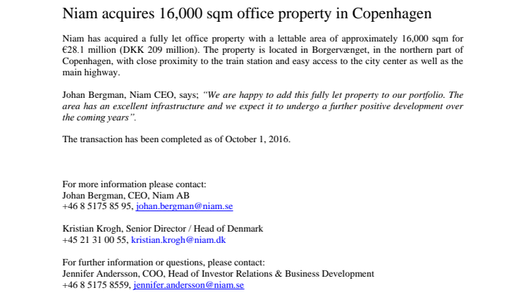 Niam acquires 16,000 sqm office property in Copenhagen 