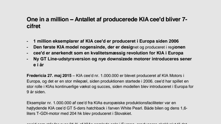 One in a million – Antallet af producerede KIA cee'd bliver 7-cifret