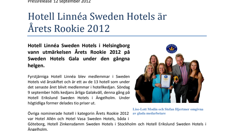 Hotell Linnéa Sweden Hotels är Årets Rookie 2012