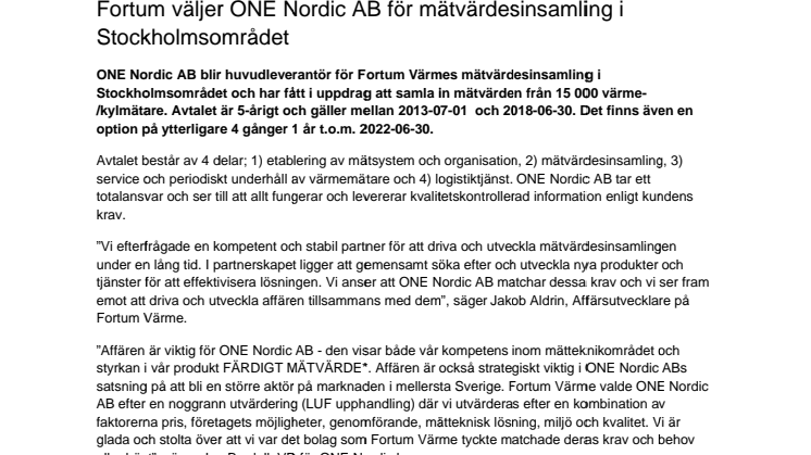 Fortum väljer ONE Nordic AB för mätvärdesinsamling i Stockholmsområdet