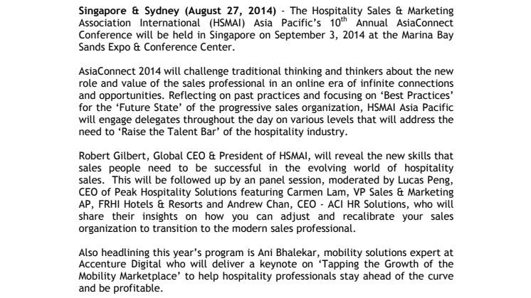 HSMAI to Reveal New Insights on Critical Skills for the Modern & Progressive Hospitality Sales Professional at the 10th Annual AsiaConnect Conference in Singapore 
