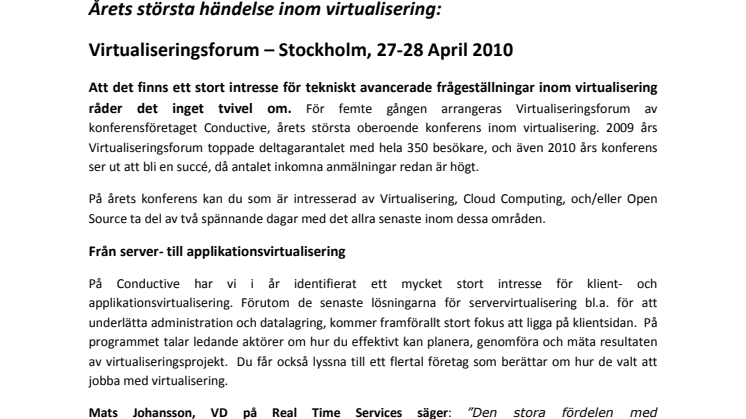 Årets största händelse inom virtualisering: Virtualiseringsforum 2010, 27- 28 April
