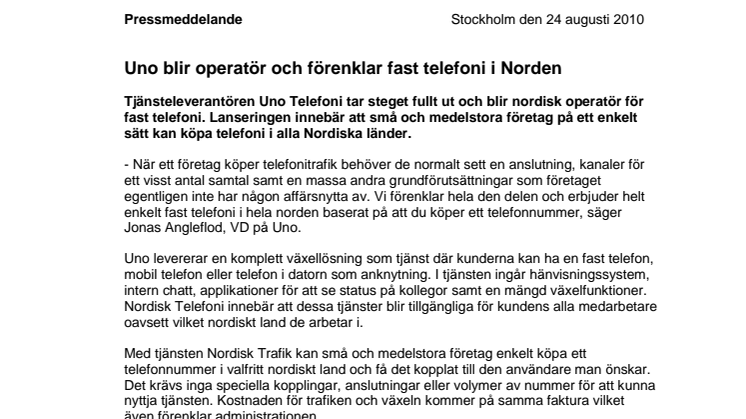 Uno blir operatör och förenklar fast telefoni i Norden