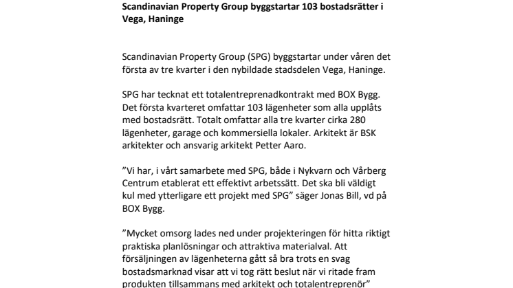 Pressmeddelande Scandinavian Property Group byggstartar 103 bostadsrätter i Vega, Haninge 