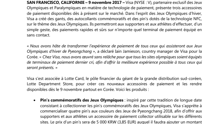Visa présente ses nouveaux accessoires de paiement pour les supporters assistant aux  Jeux Olympiques d’hiver de Pyeongchang 2018