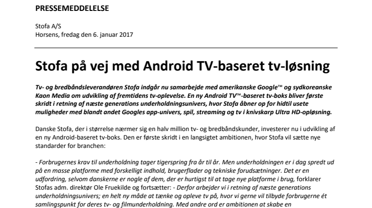 Stofa på vej med Android TV-baseret tv-løsning