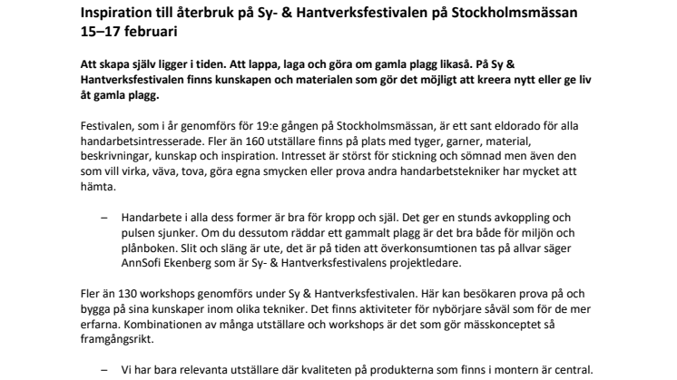 Inspiration till återbruk på Sy- & Hantverksfestivalen på Stockholmsmässan 15–17 februari