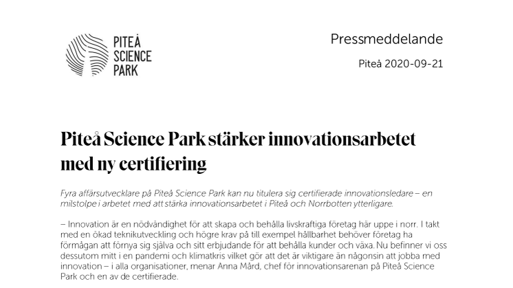 Piteå Science Park stärker innovationsarbetet med ny certifiering