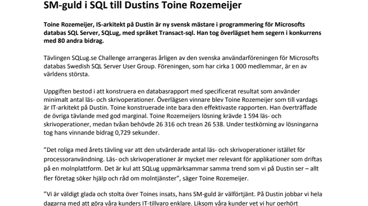 SM-guld i SQL till Dustins Toine Rozemeijer