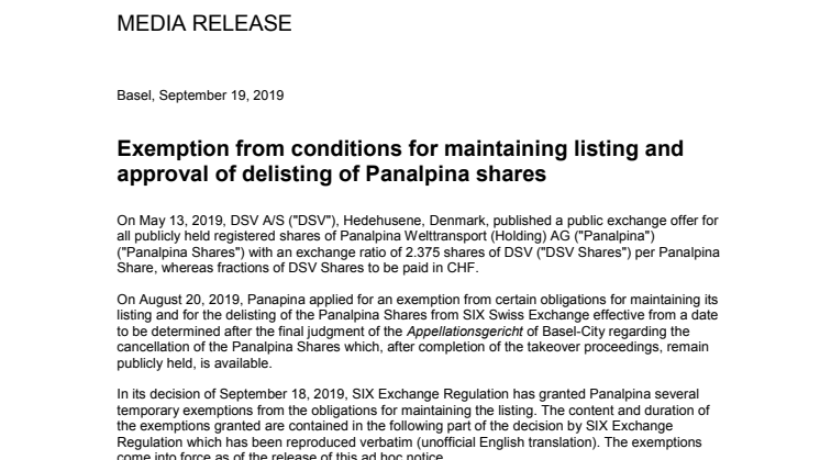 Exemption from conditions for maintaining listing and approval of delisting of Panalpina shares