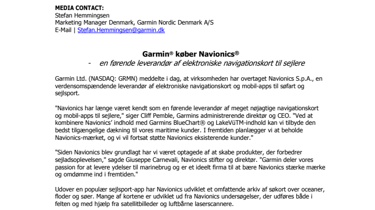 Garmin® køber Navionics®