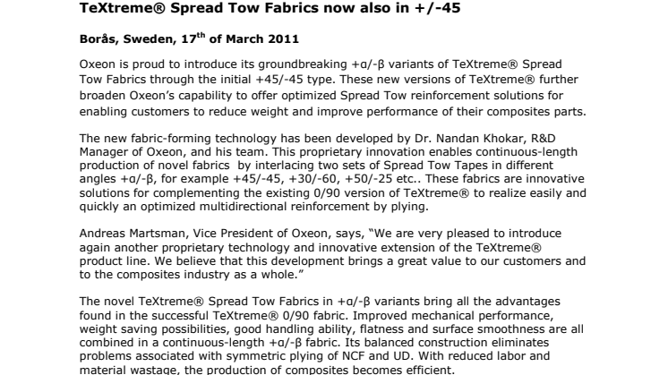 TeXtreme® Spread Tow Fabrics now also in +/-45