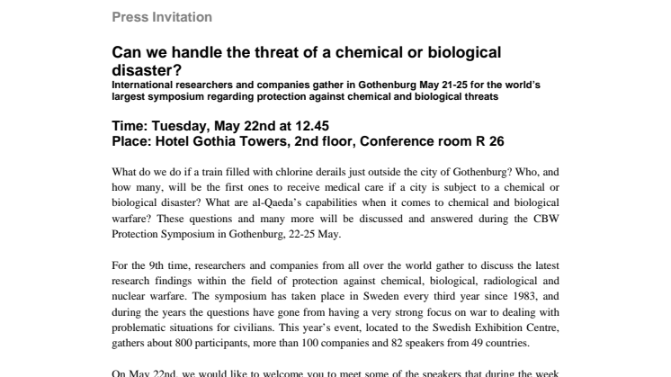 Press Invitation: Can we handle the threat of a chemical or biological disaster?