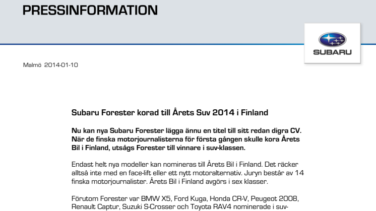 Subaru Forester är Årets Suv 2014 i Finland