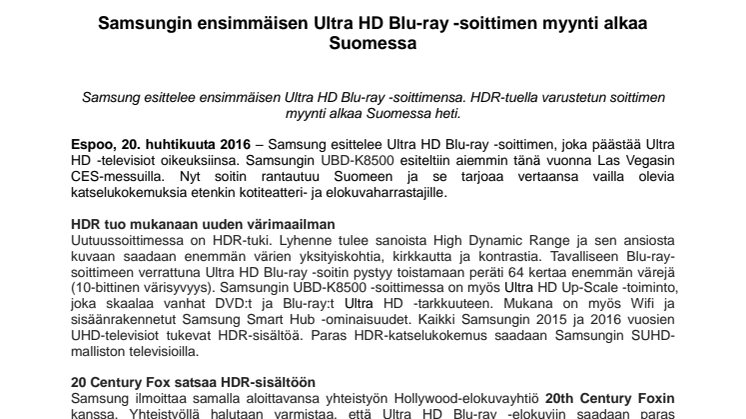 Samsungin ensimmäisen Ultra HD Blu-ray -soittimen myynti alkaa Suomessa