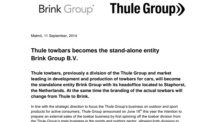 Thule towbars becomes the stand-alone entity  Brink Group B.V. 