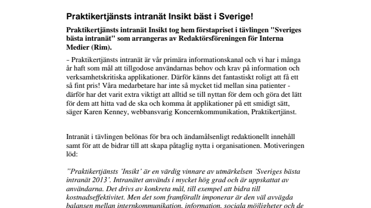 Praktikertjänsts intranät Insikt bäst i Sverige!