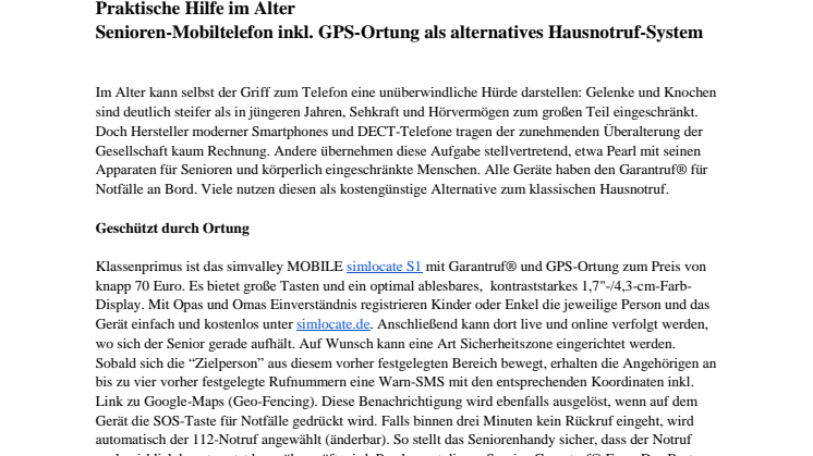 Praktische Hilfe im Alter Senioren-Mobiltelefon inkl. GPS-Ortung als alternatives Hausnotruf-System