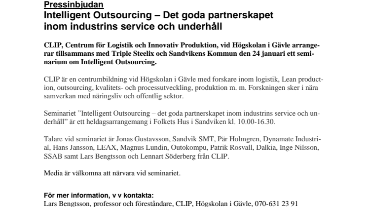 Pressinbjudan: Intelligent Outsourcing – Det goda partnerskapet inom industrins service och underhåll 