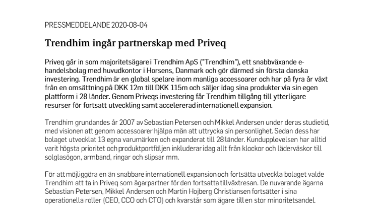 Trendhim ingår partnerskap med Priveq