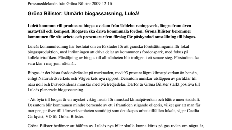 Gröna Bilister: Utmärkt biogassatsning, Luleå!