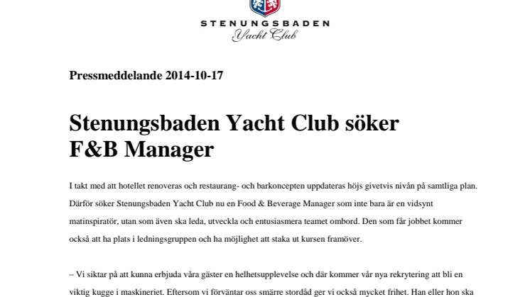 Stenungsbaden Yacht Club söker F&B Manager