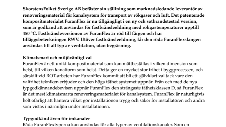 SkorstensFolket Sverige AB uppdaterar marknadsledande kanalrenoveringsmaterialet FuranFlex med två nya och förbättrade typgodkännandebevis