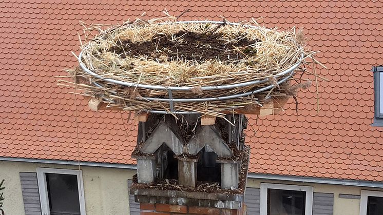 Nach der Montage über den Dächern von Unterneuses und Steppach steht dem Familienglück der Störche nichts mehr im Weg. Schilf, Hackschnitzel, Heu, Stroh und altes Nistmaterial machen den Horst für die Tiere gemütlich.