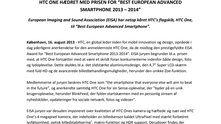 HTC One hædret med prisen for "Best European Advanced Smartphone 2013-2014"