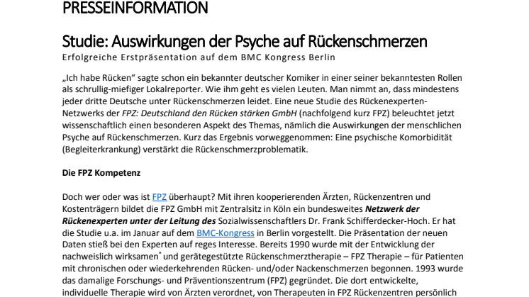 Studie: Auswirkungen der Psyche auf Rückenschmerzen - Erfolgreiche Erstpräsentation auf dem BMC Kongress Berlin