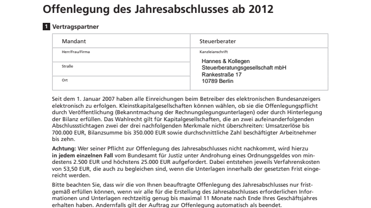 Beratungsprotokoll/Auftragserteilung Elektronische Offenlegung für Jahresabschlüsse ab 2012