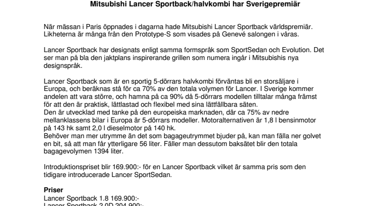 Mitsubishi Lancer Sportback/halvkombi har Sverigepremiär