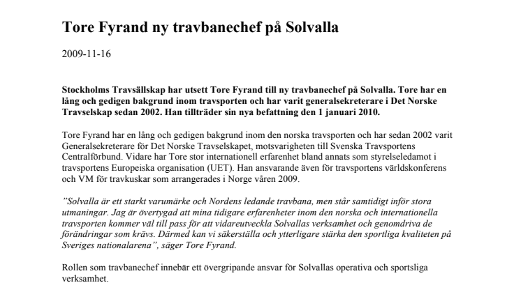 Tore Fyrand ny travbanechef på Solvalla