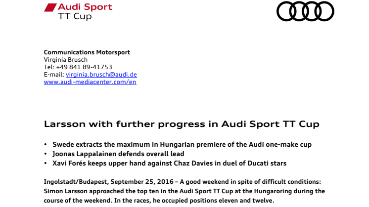 Race rapport från Audi Sport TT Cup Hungaroring, Simon Larsson