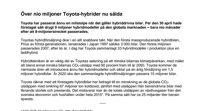 Över nio miljoner Toyota-hybrider nu sålda