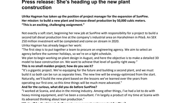 English press release - She’s heading up the new plant construction