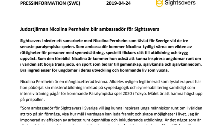 Judostjärnan Nicolina Pernheim blir ambassadör för Sightsavers 