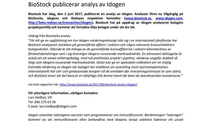 BioStock publicerar analys av Idogen