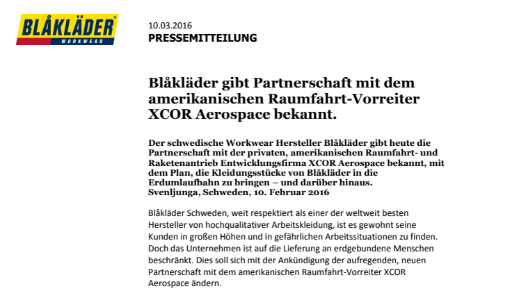 Blåkläder gibt Partnerschaft mit dem amerikanischen Raumfahrt-Vorreiter XCOR Aerospace bekannt