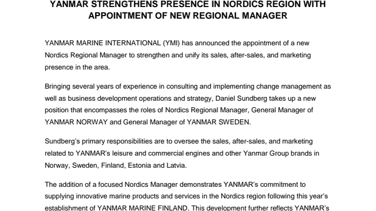 YANMAR Strengthens Presence in Nordics Region with Appointment of New Regional Manager