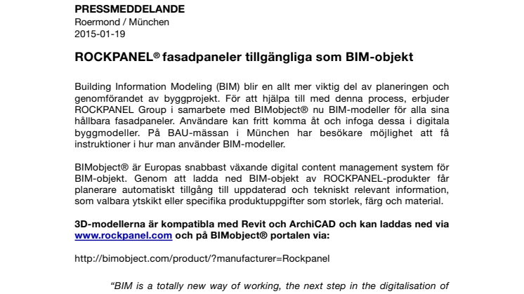 ROCKPANEL® fasadpaneler tillgängliga som BIM-objekt