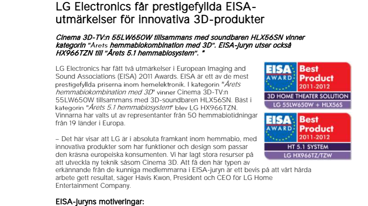 Pressmeddelande: LG Electronics får prestigefyllda EISA-utmärkelser för innovativa 3D-produkter