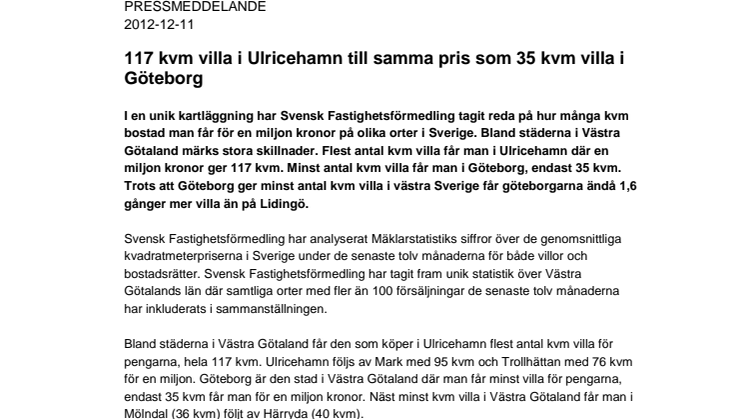 Pressmeddelande: 117 kvm villa i Ulricehamn till samma pris som 35 kvm villa i Göteborg