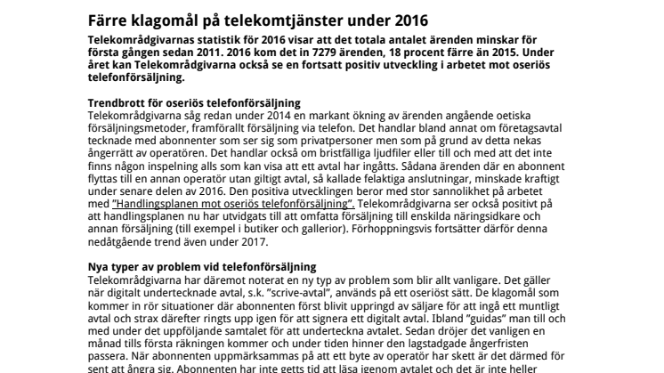 Färre klagomål på telekomtjänster under 2016 