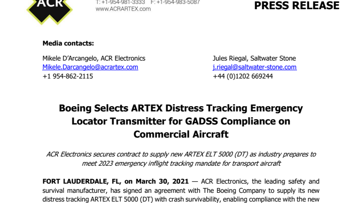 Boeing Selects ARTEX Distress Tracking Emergency Locator Transmitter for GADSS Compliance on Commercial Aircraft 